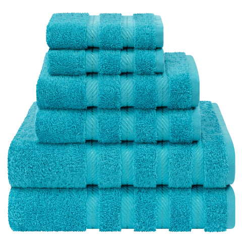 American Soft Linen luxury 6-piece towel set in aqua blue for spa-like bath.