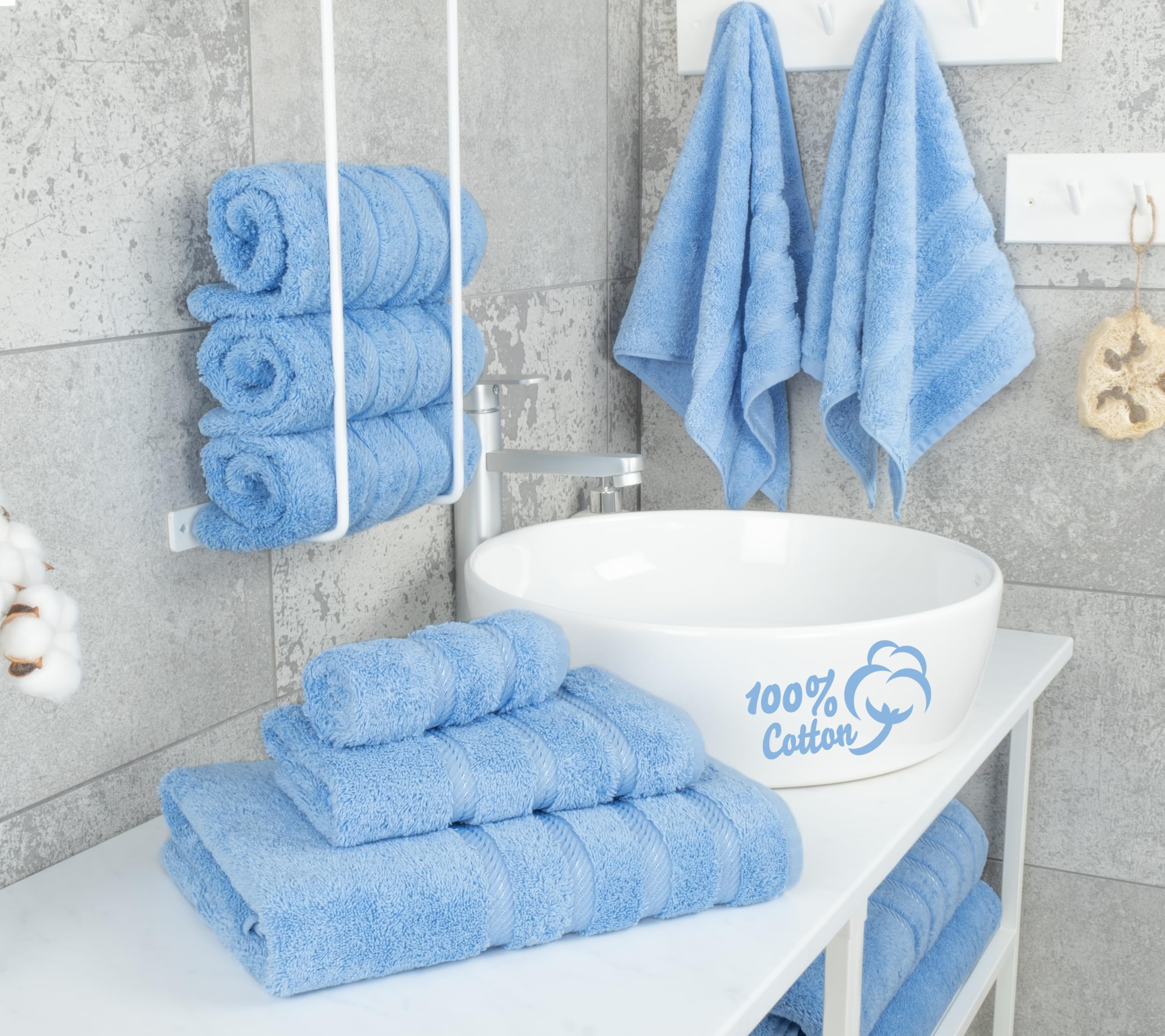 American Soft Linen sky blue hand towels highlighted for quick-drying use
