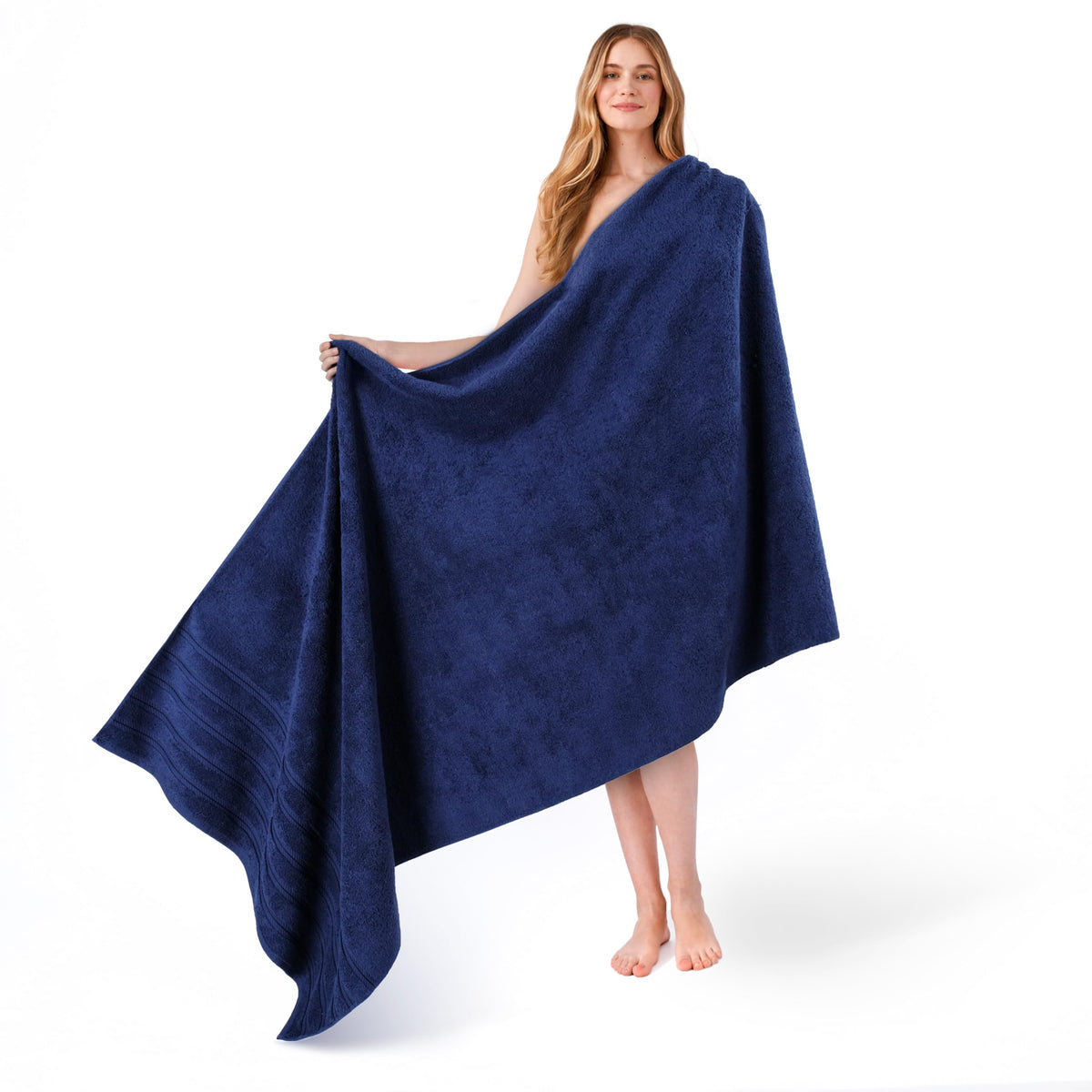 American Soft Linen navy blue 35x70 towel, oversized for bathroom luxury.