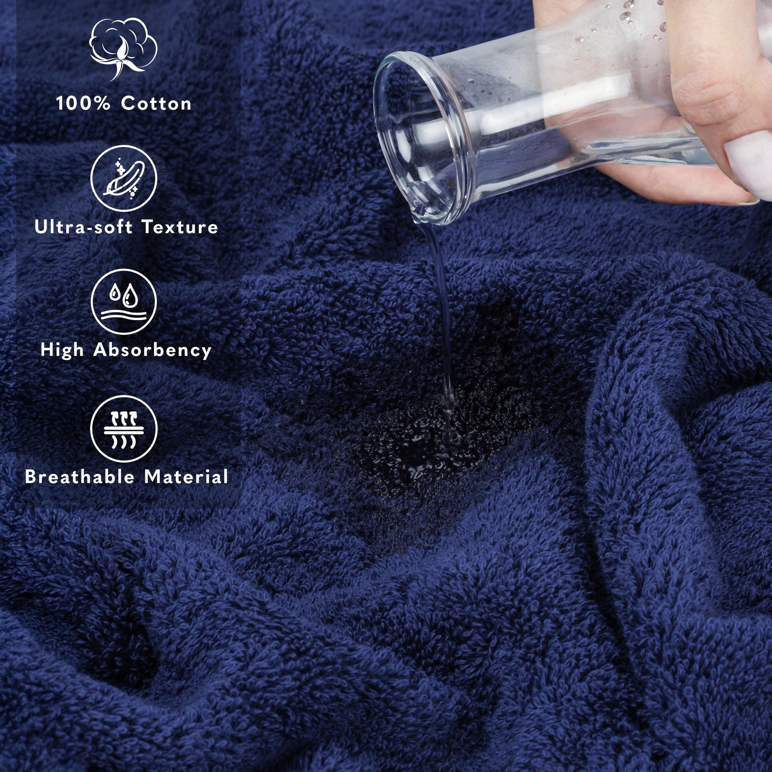 American Soft Linen navy towel draped to illustrate oversized fit and cozy wrap.