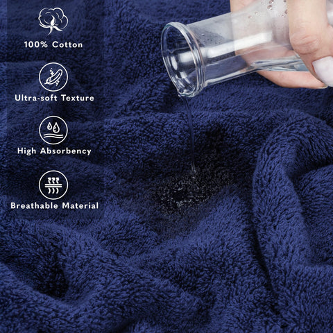 American Soft Linen navy towel draped to illustrate oversized fit and cozy wrap.