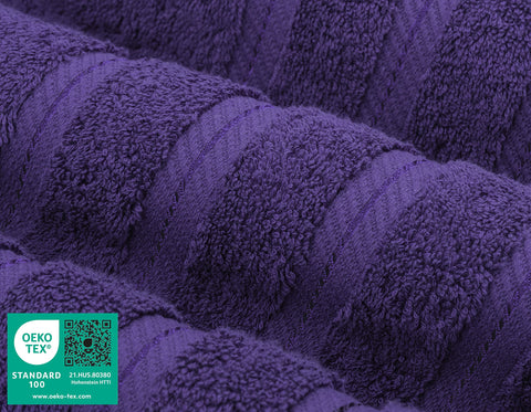 American Soft Linen purple bath towels, 27x54, on a bath rack.