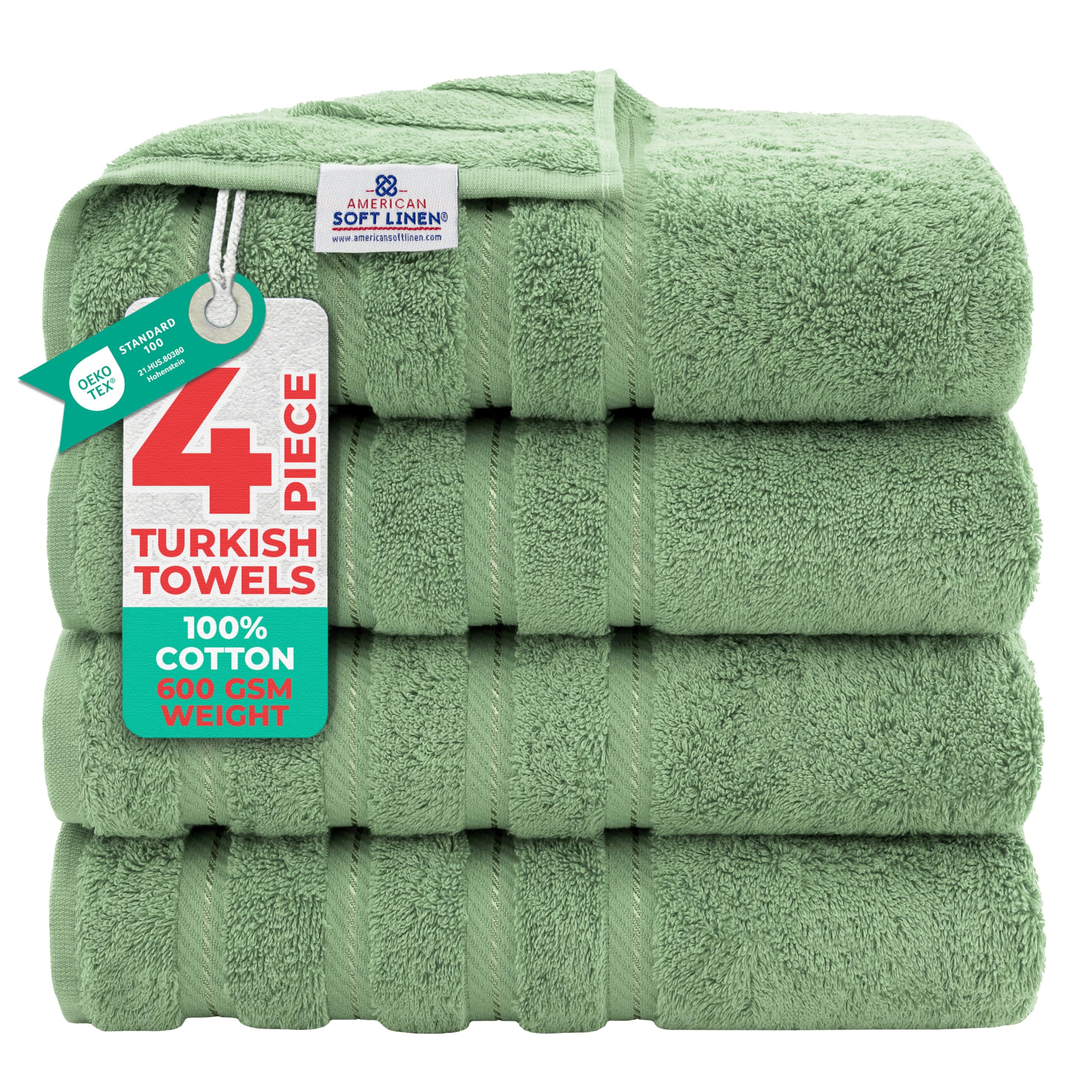 American Soft Linen Sage Green luxury towel set pack shot showing plush 600 GSM softness