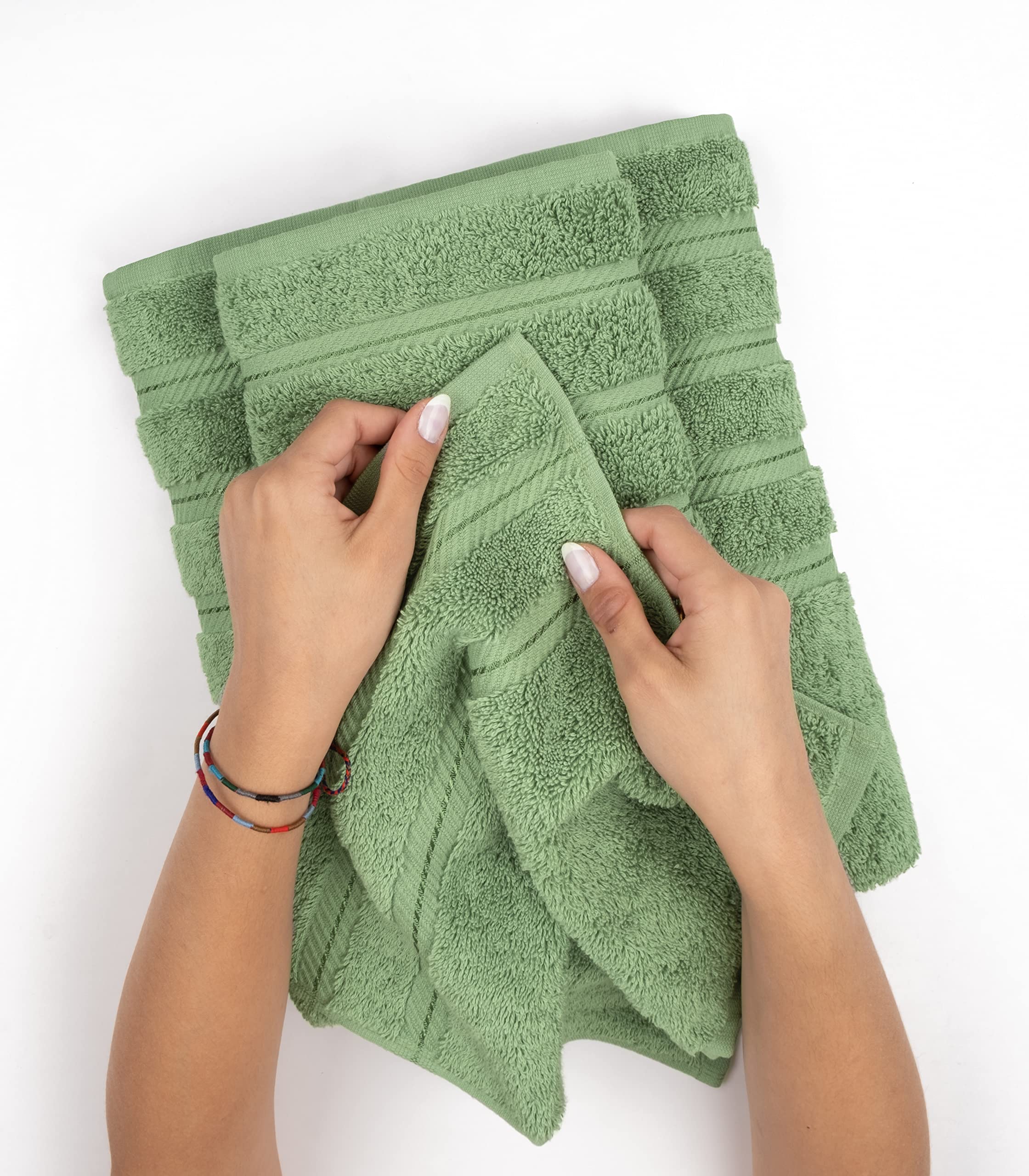 American Soft Linen towel set in bathroom scene emphasizing sage color.