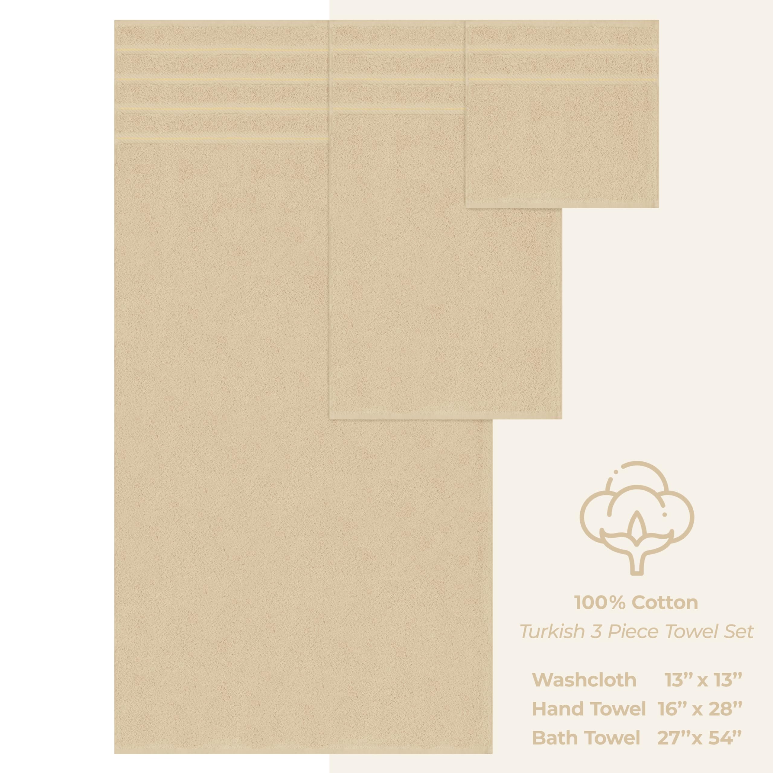 American Soft Linen 3-piece beige towel set folded for display in a bathroom.