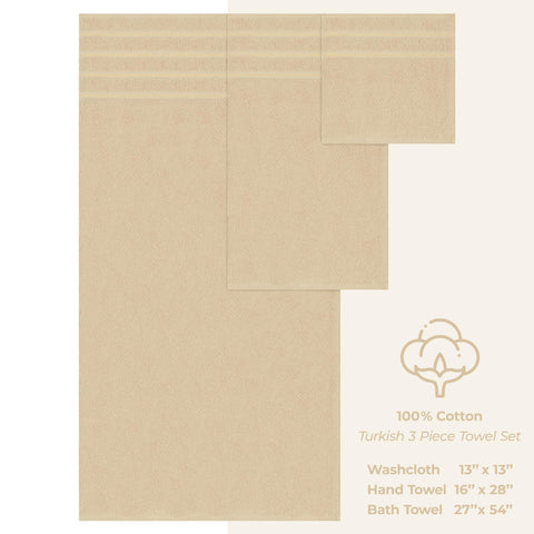 American Soft Linen 3-piece beige towel set folded for display in a bathroom.