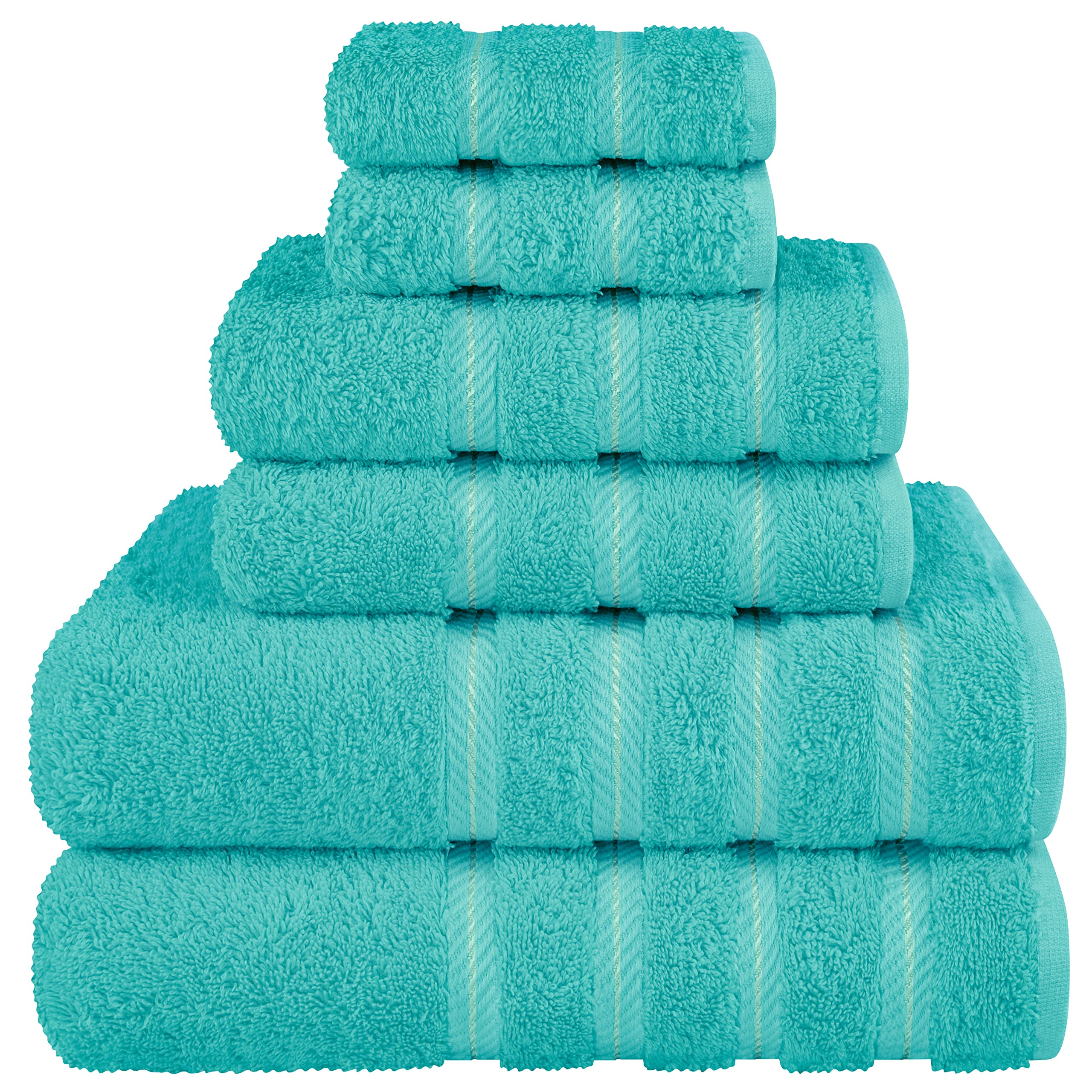 American Soft Linen turquoise 6-piece towel set in packaging, ideal for gifting.
