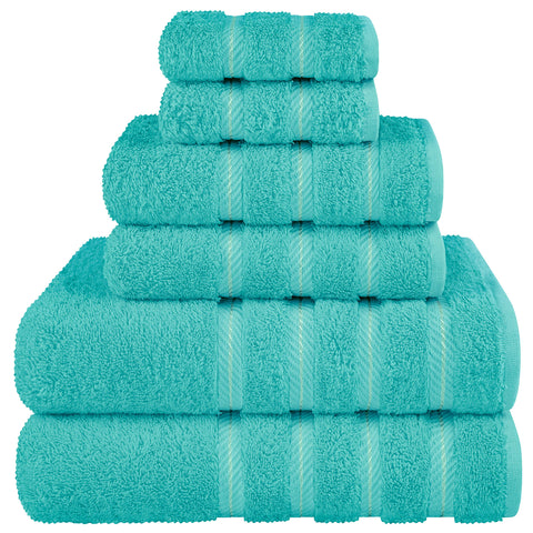 American Soft Linen turquoise 6-piece towel set in packaging, ideal for gifting.