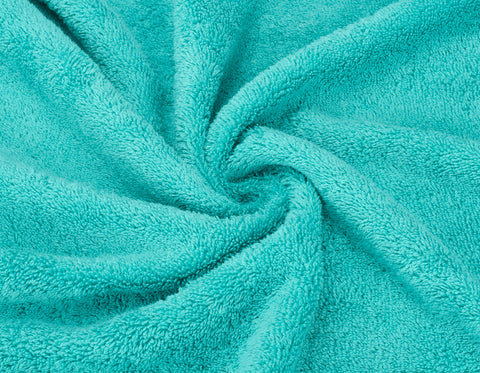 Two turquoise washcloths 13x13 inches on a clean surface.