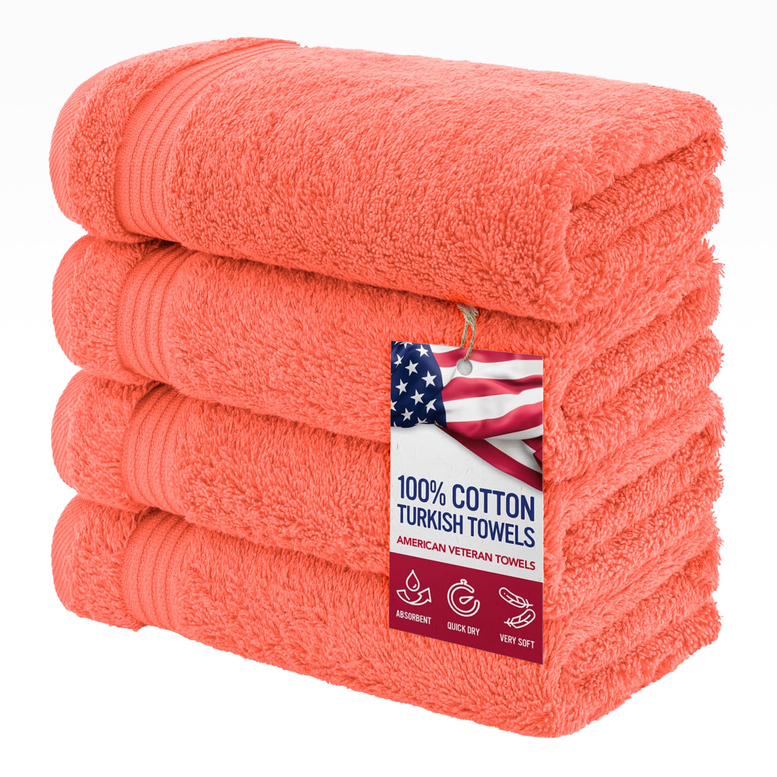 American Veteran Towel coral hand towel front view showcases plush Turkish cotton for everyday softness