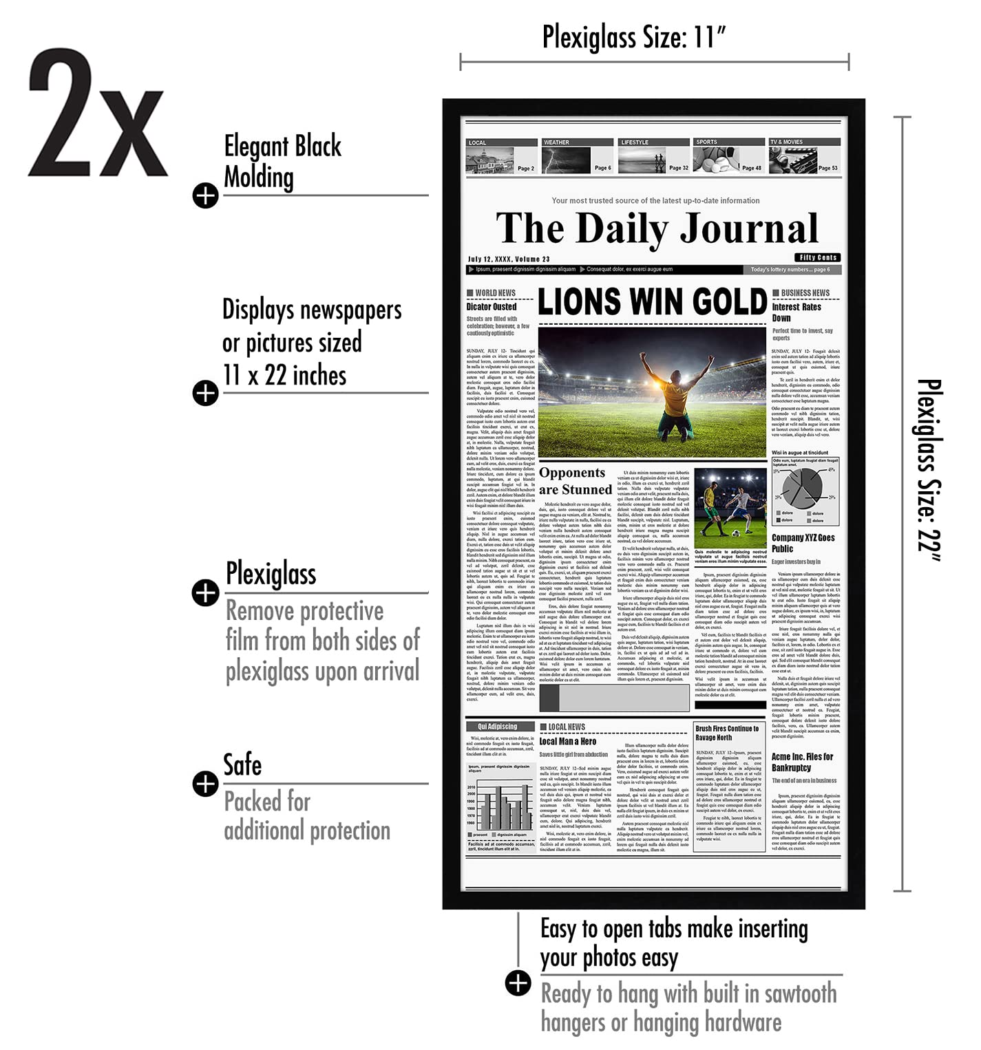 Americanflat 11x22 newspaper frame back and sturdy MDF construction highlights secure wall display