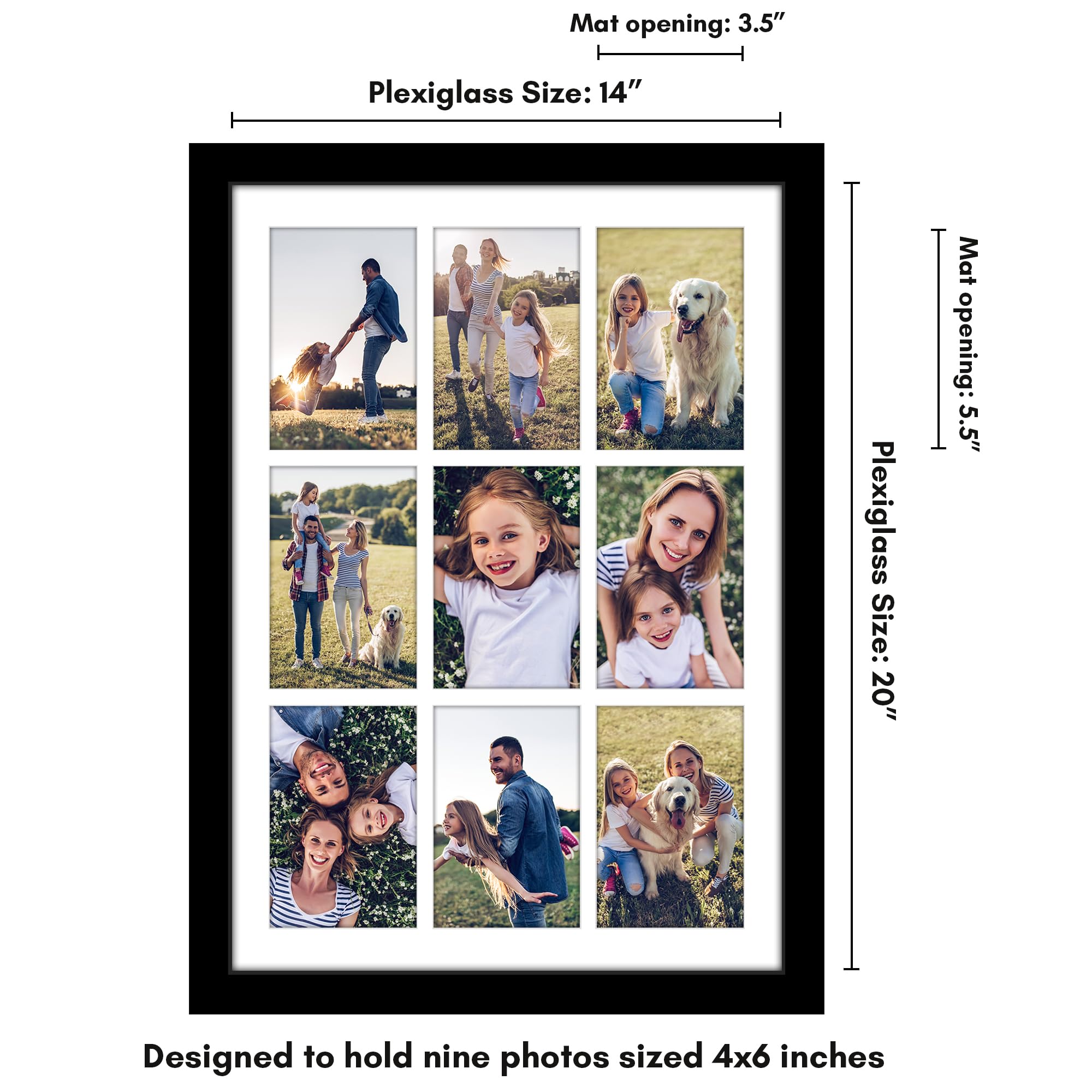 Americanflat 14x20 frame with mat showcases a large display or nine photos.