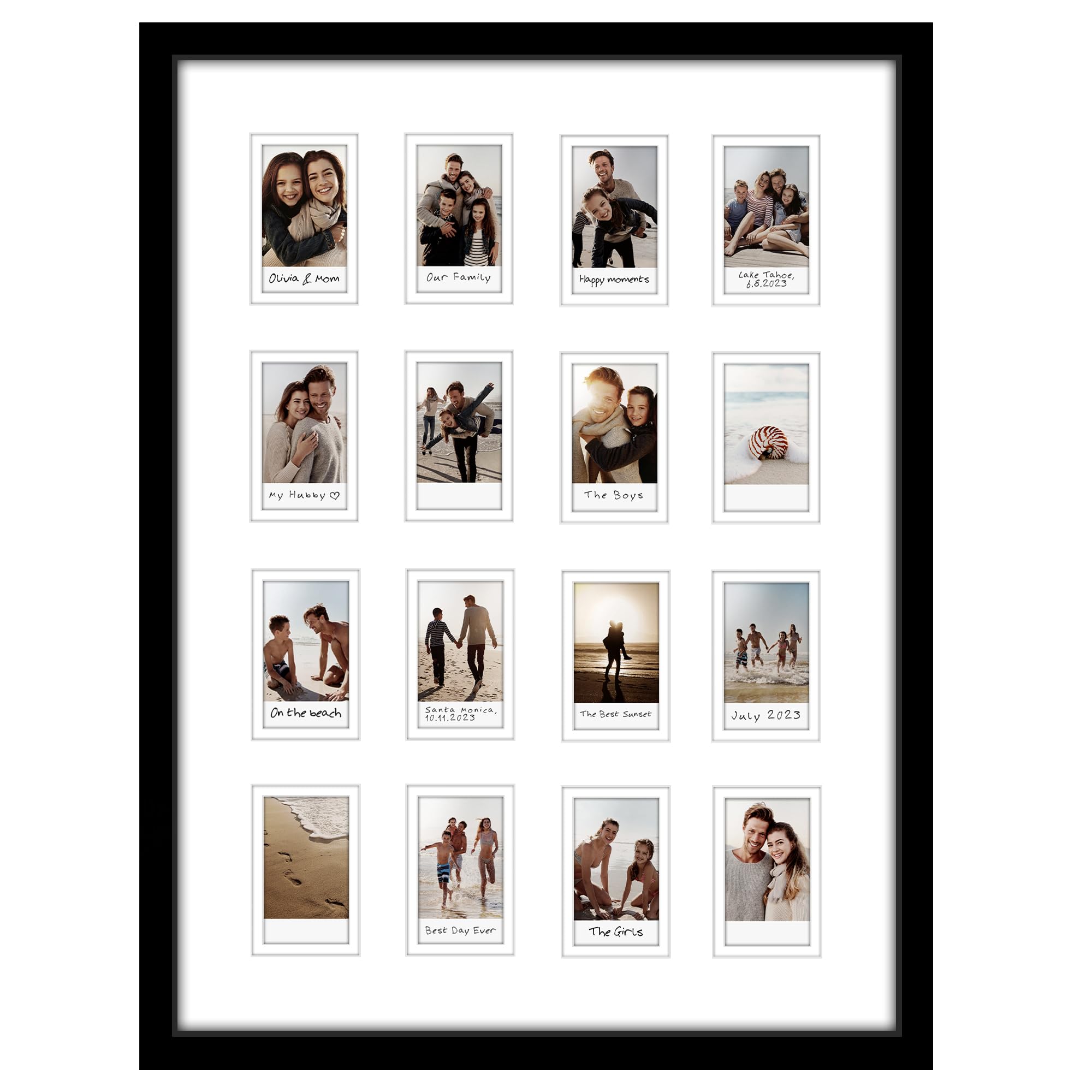 Americanflat 15x20 frame with 16 openings displays Instax Mini photos on the wall