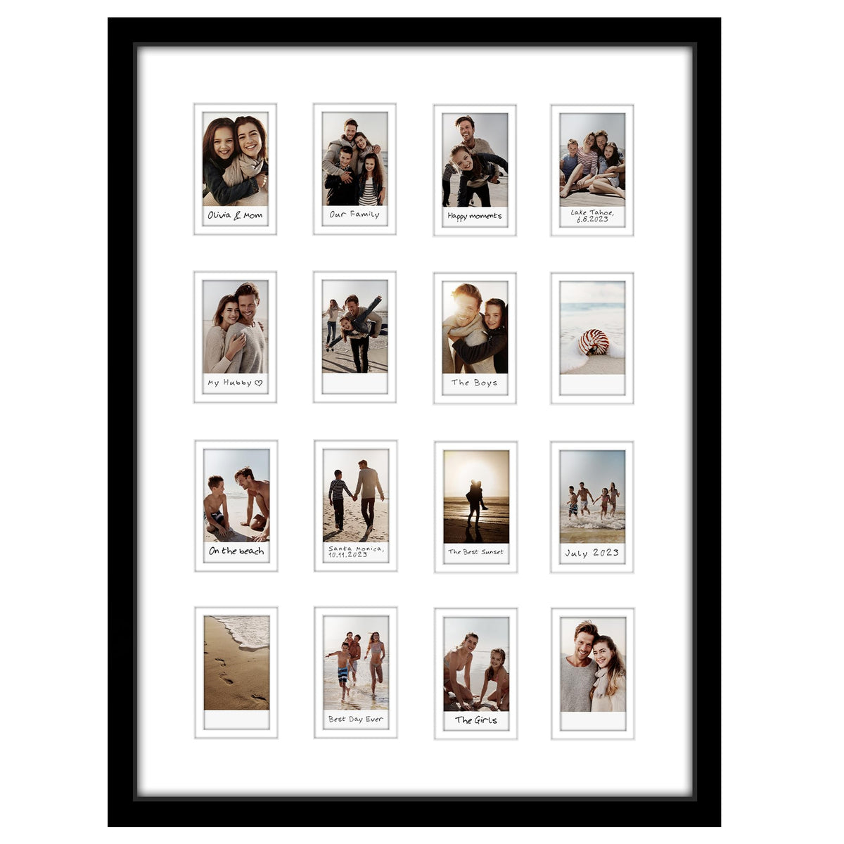Americanflat 15x20 frame with 16 openings displays Instax Mini photos on the wall
