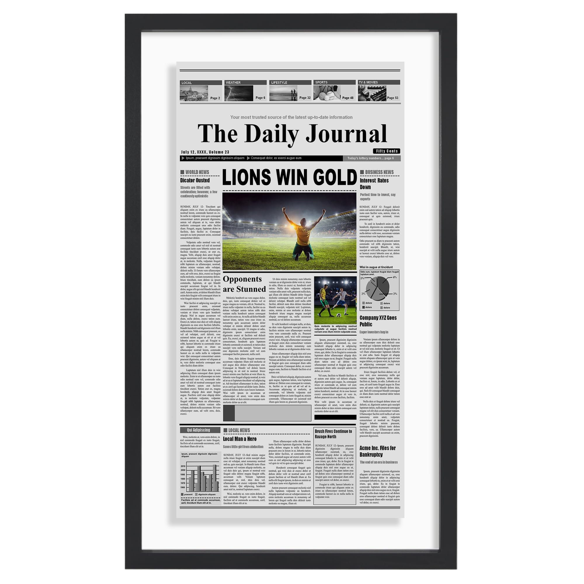 Americanflat 15x26 newspaper frame with floating front view for elegant wall display