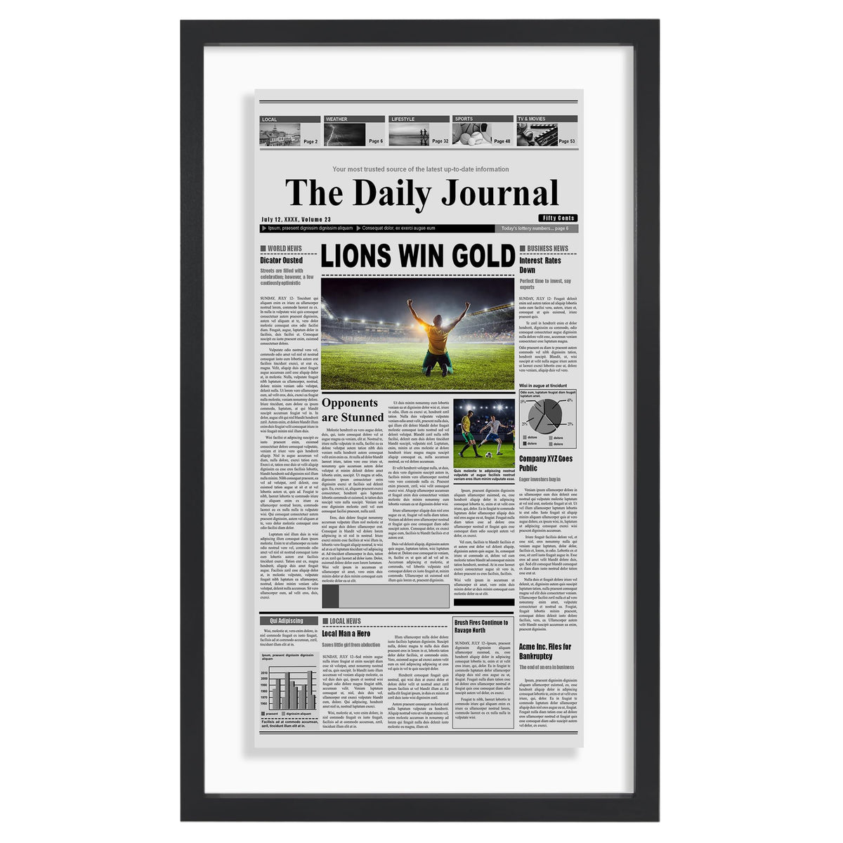 Americanflat 15x26 newspaper frame with floating front view for elegant wall display