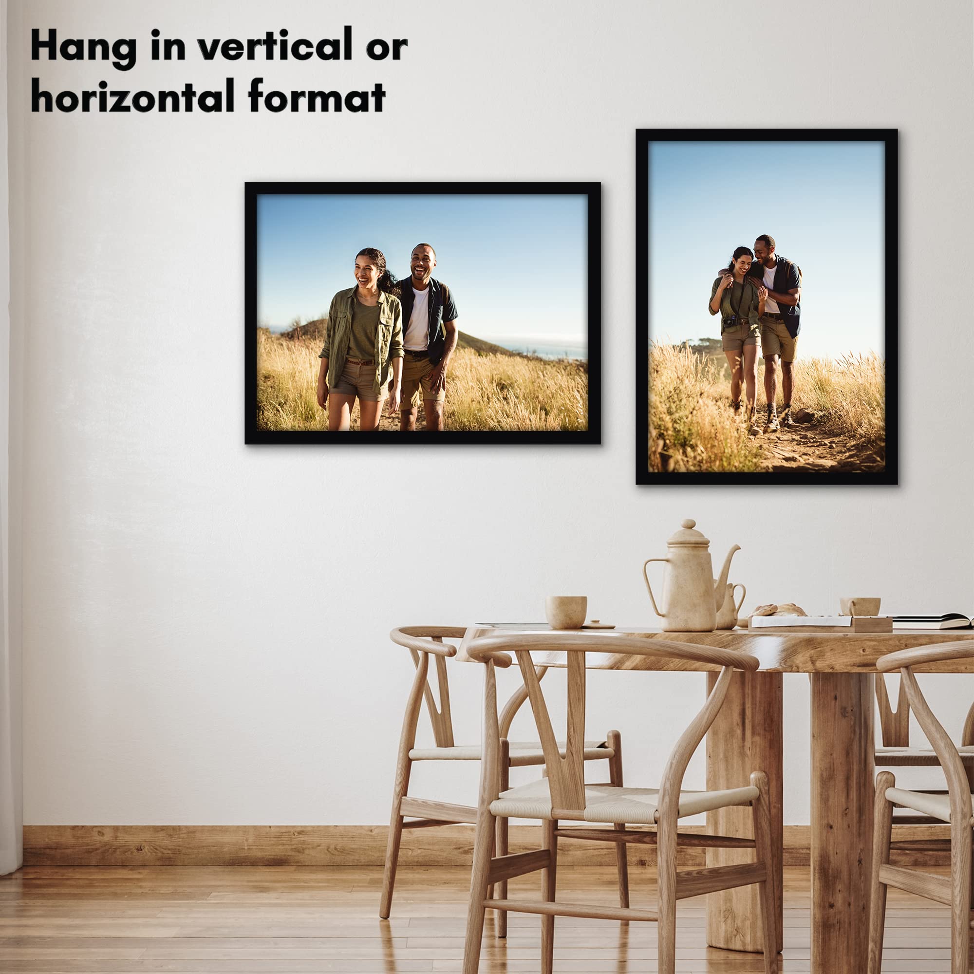 Sleek black frame adds modern, timeless decor.