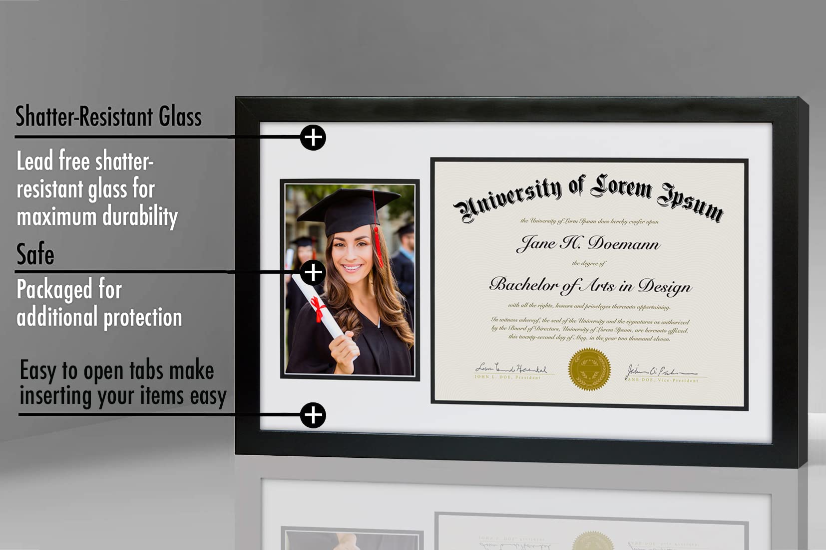 Americanflat diploma frame showing 8x11 document with mat opening.