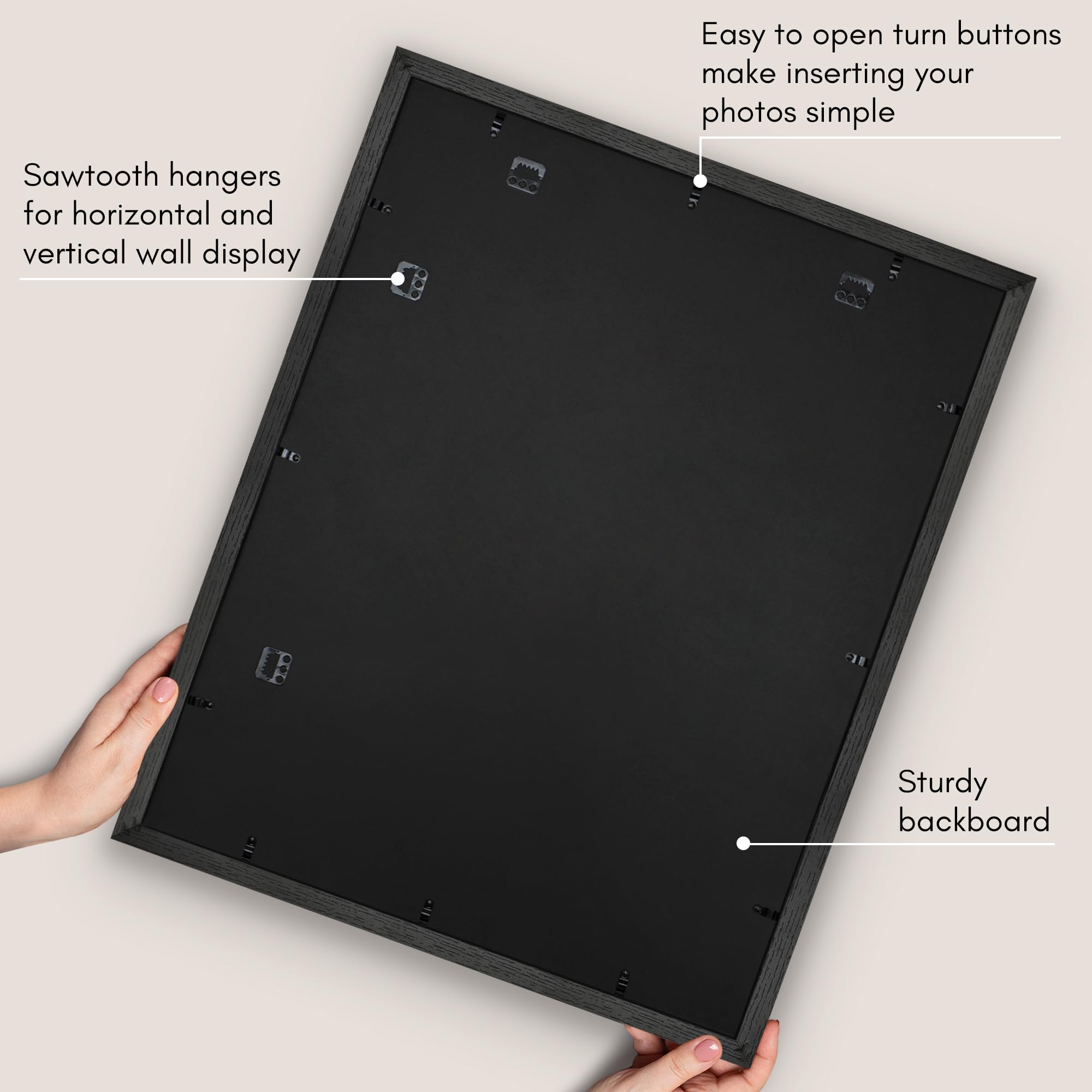 Engineered wood frame material provides durable, stable display.