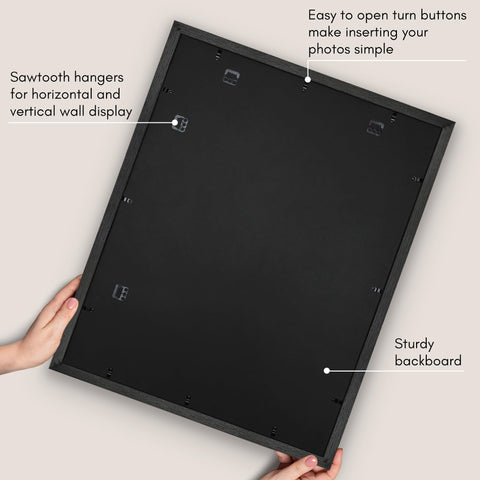 Engineered wood frame material provides durable, stable display.