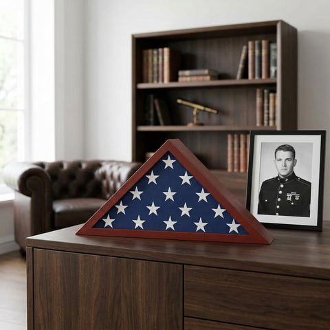 Americanflat plexiglass front protects a folded flag while viewing