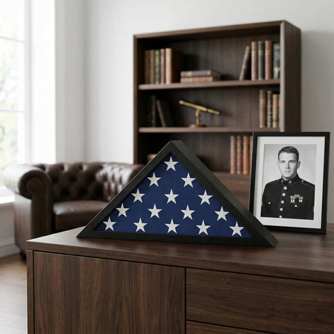 Tabletop display option shown for Americanflat flag case on a shelf.