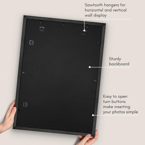 Frame hanging hardware supports vertical or horizontal wall mounting