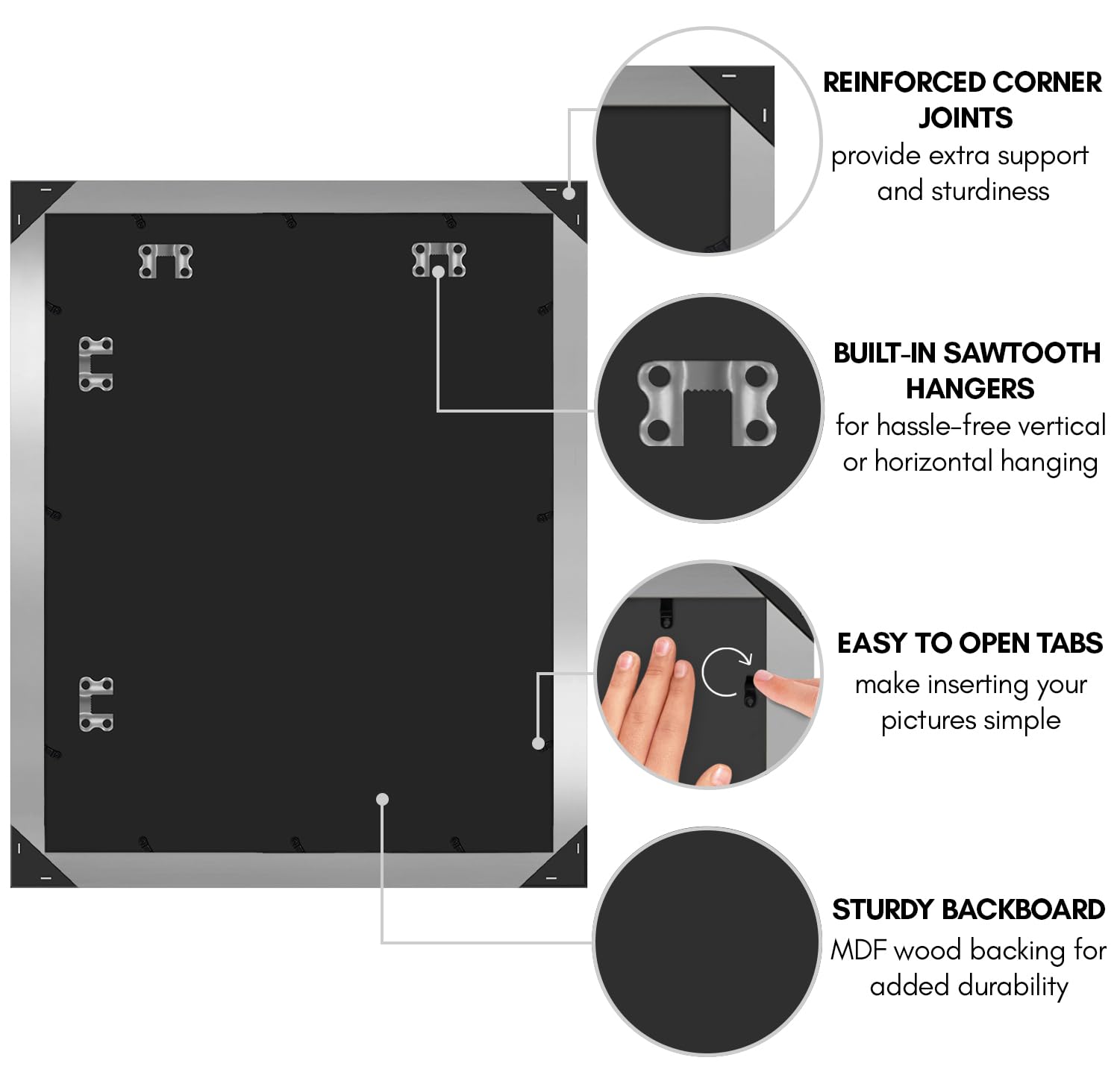 Americanflat frame with hanging hardware supports vertical or horizontal wall placement.