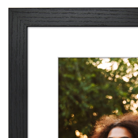 Gallery-ready black frame enhances living room decor.