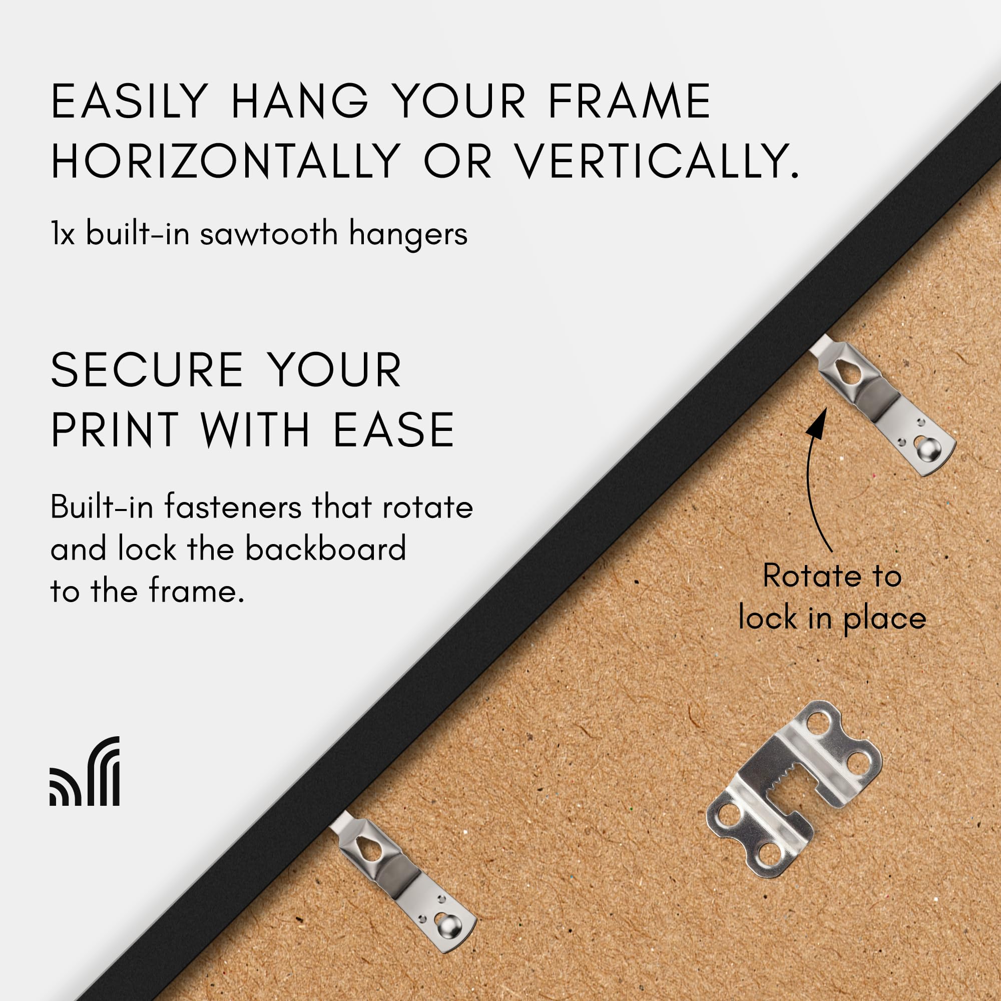 Americanflat frame ships with hanging hardware for quick wall mounting.