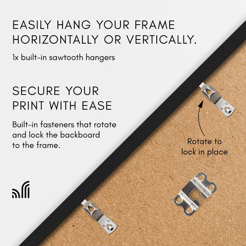 Americanflat frame ships with hanging hardware for quick wall mounting.