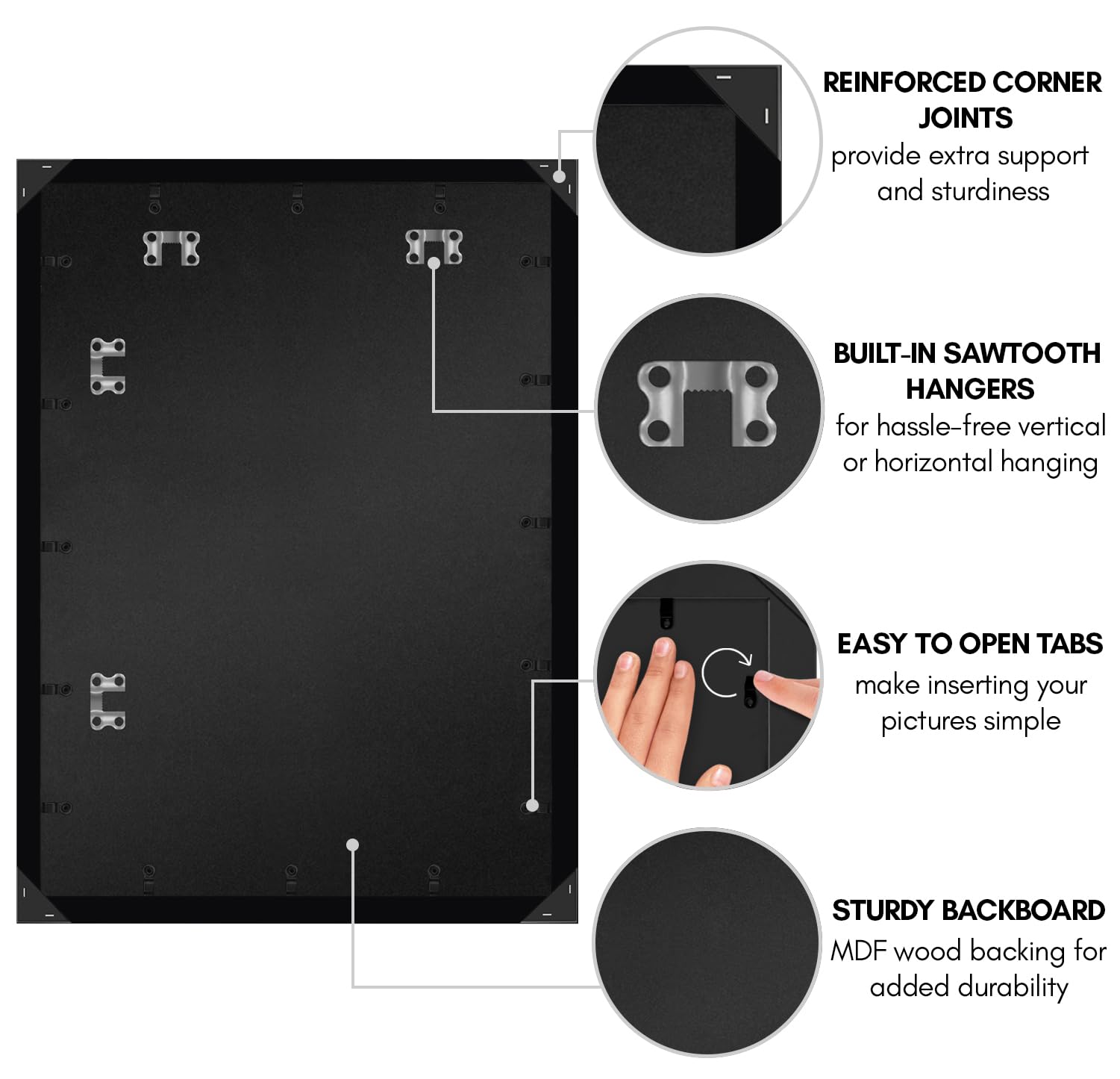 Hanging hardware supports vertical or horizontal display.