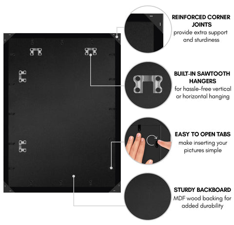 Hanging hardware supports vertical or horizontal display.