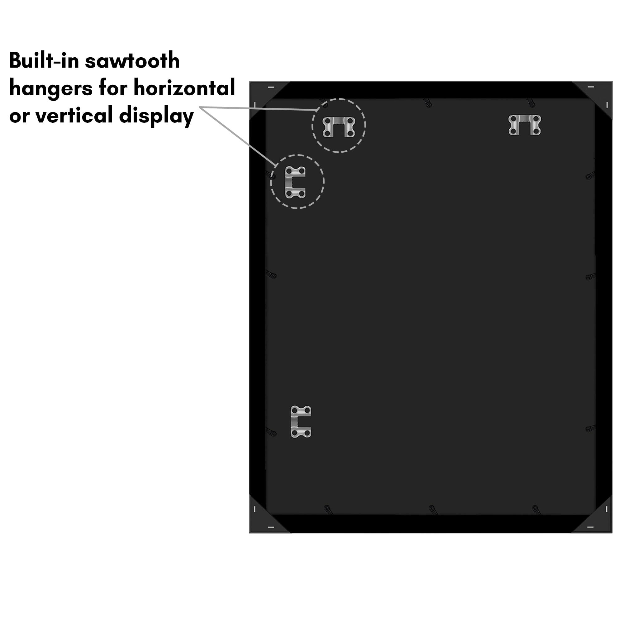 Frame includes hardware for vertical or horizontal wall mounting
