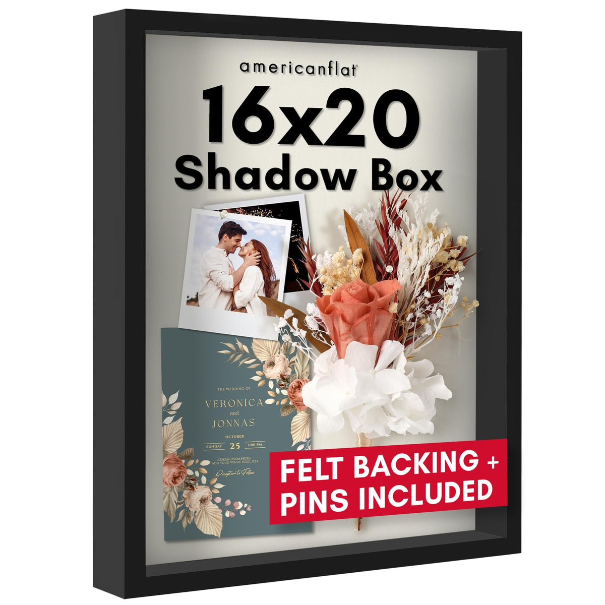 Americanflat shadowbox 16x20 with deep interior depth safely displays photos and keepsakes.