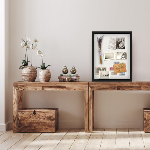 Americanflat shadowbox hanging hardware enables easy vertical or horizontal wall display.