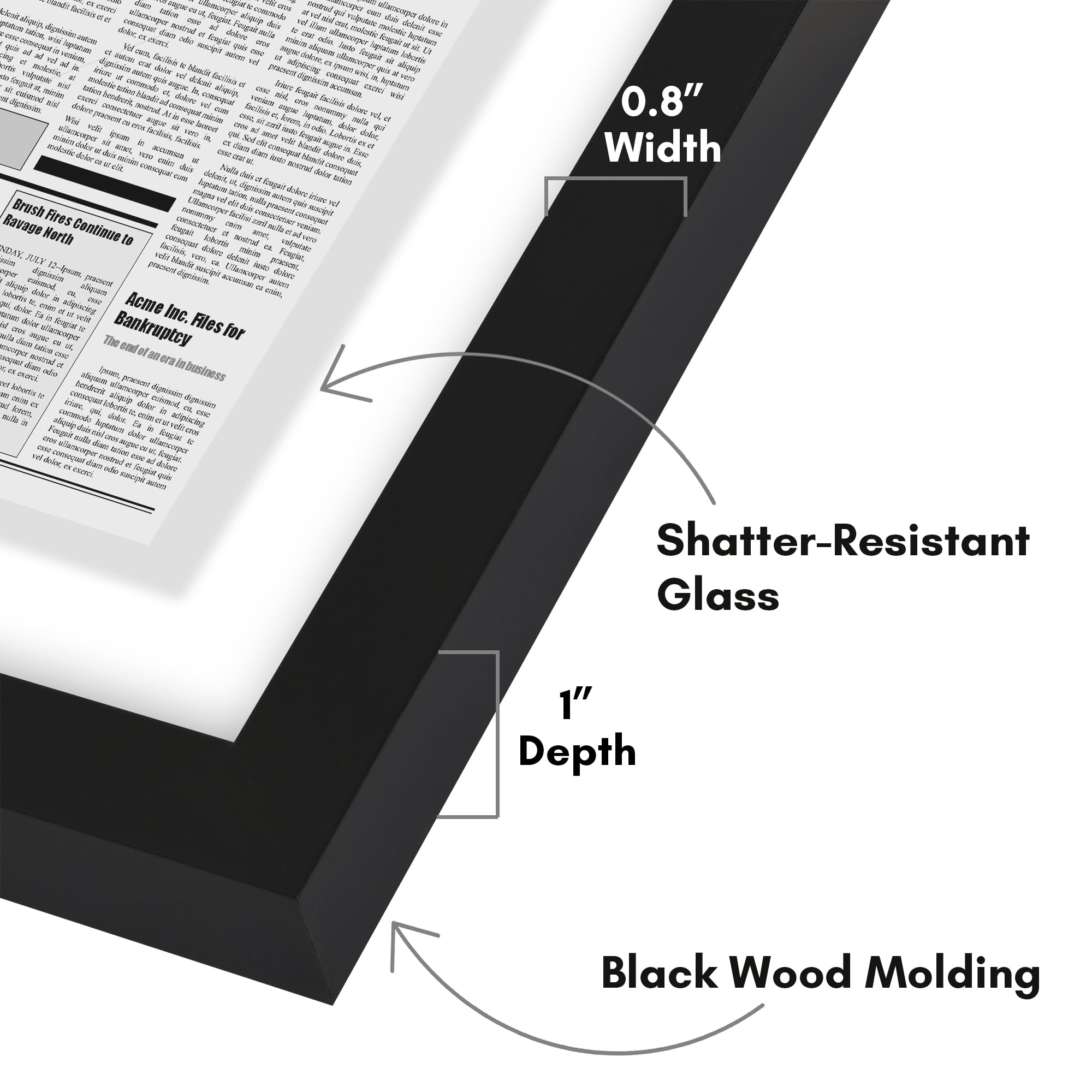 Americanflat frame with shatter-resistant glass front preserving article clarity