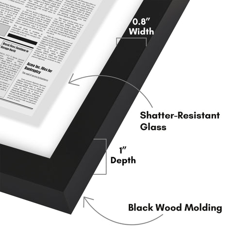 Americanflat frame with shatter-resistant glass front preserving article clarity