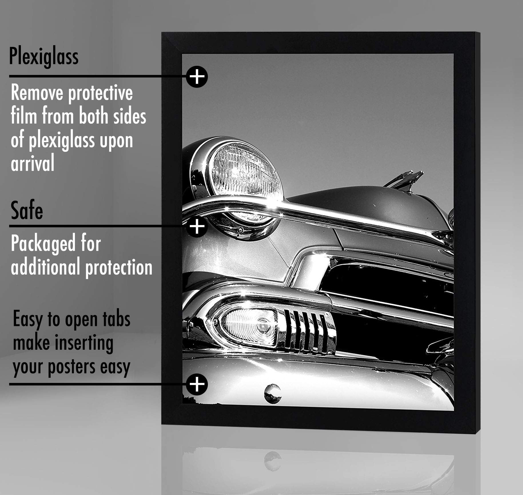 Sturdy backboard keeps photos securely in place on wall displays