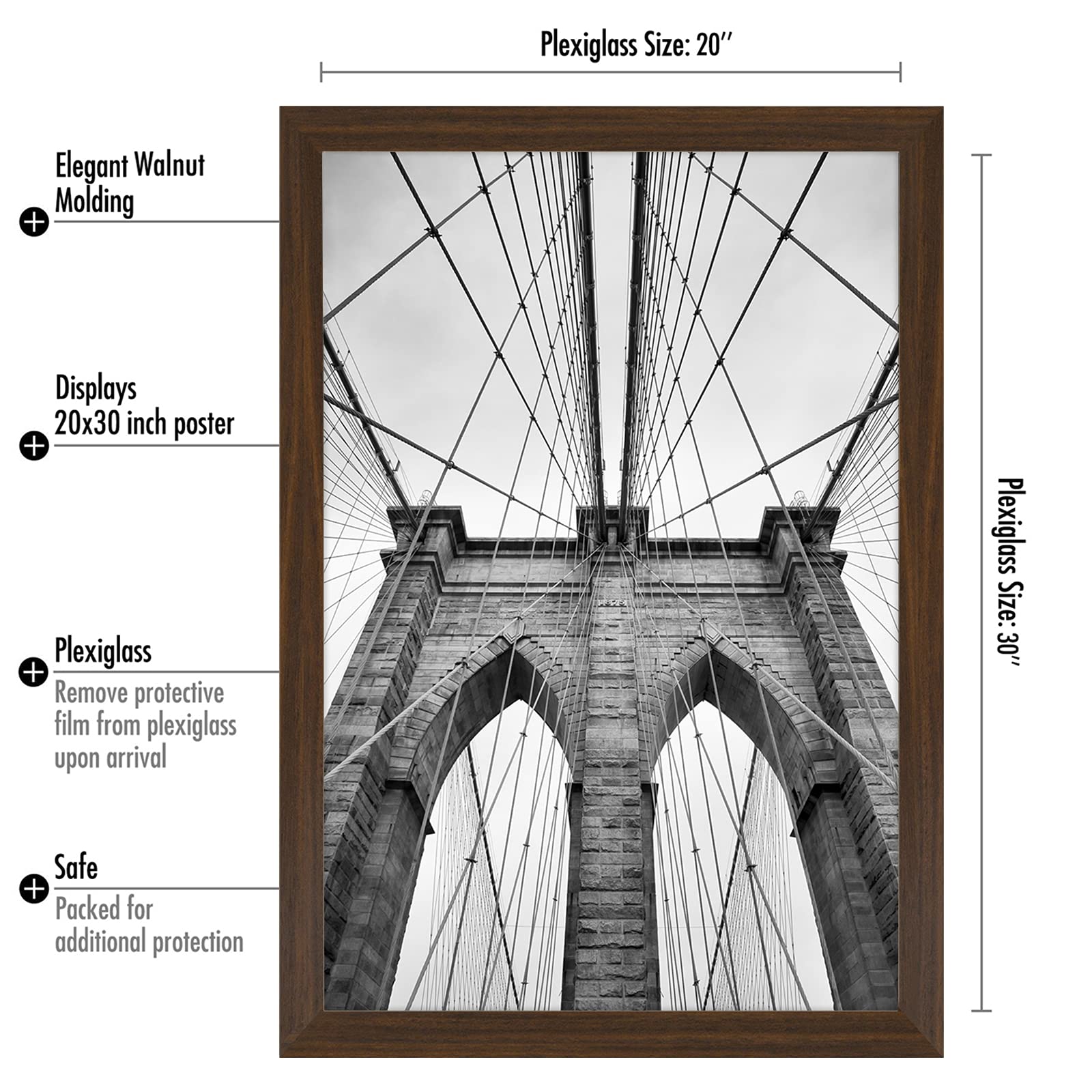 Walnut-inspired engineered wood frame with wide molding for oversized prints