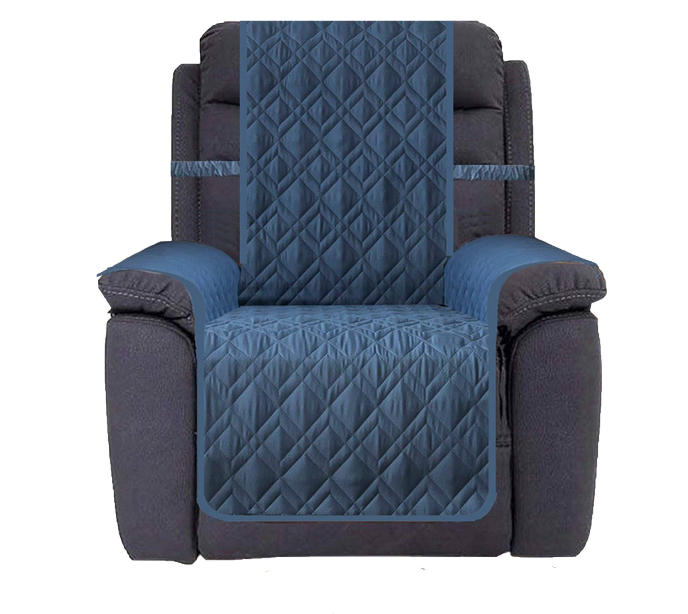 Ameritex blue waterproof nonslip recliner cover, front view, secure fit.