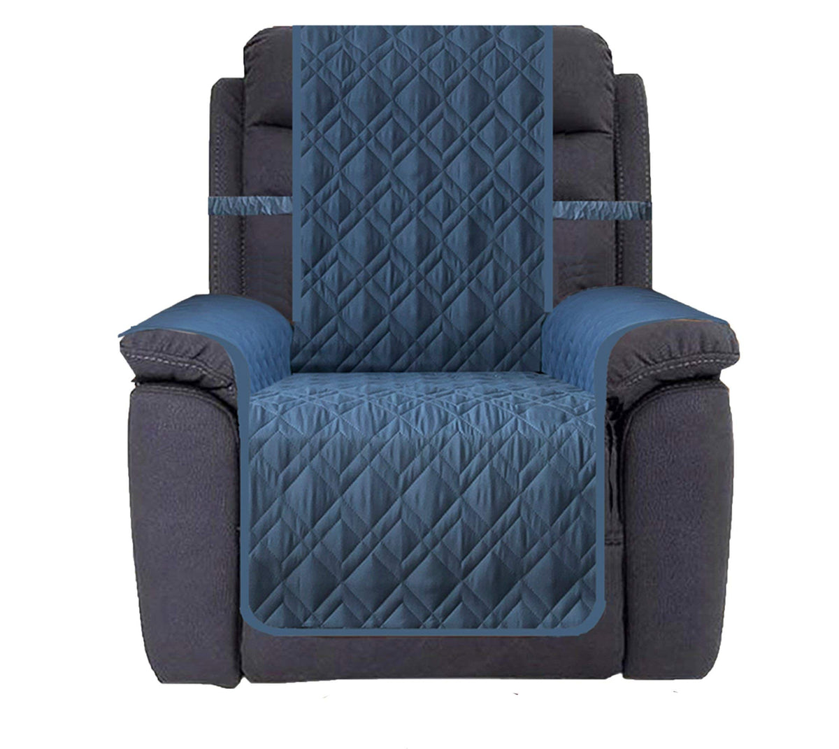 Ameritex blue waterproof nonslip recliner cover, front view, secure fit.