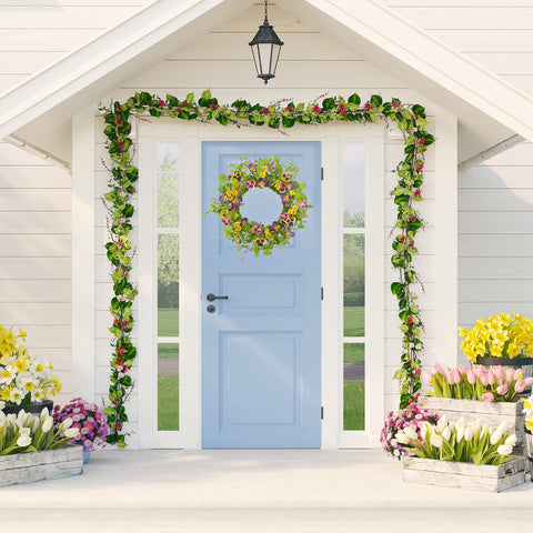 AMF0RESJ wreath featuring yellow daisies for sunny front-door charm