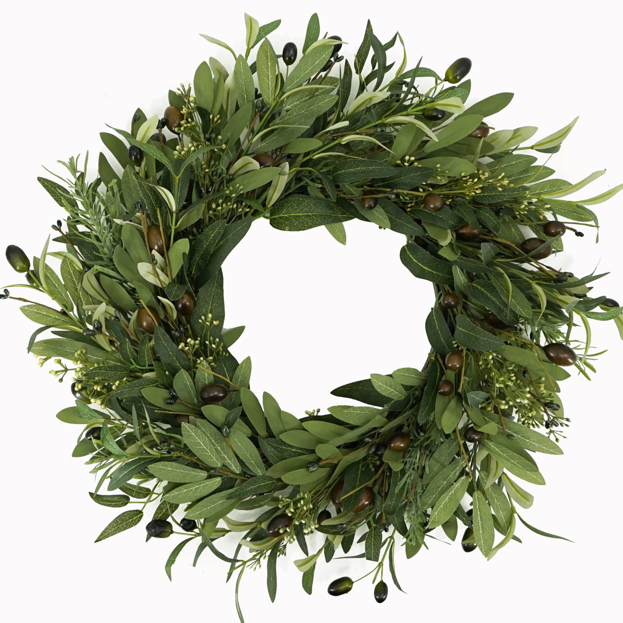AMF0RESJ artificial olive wreath on front door highlighting welcoming curb appeal.