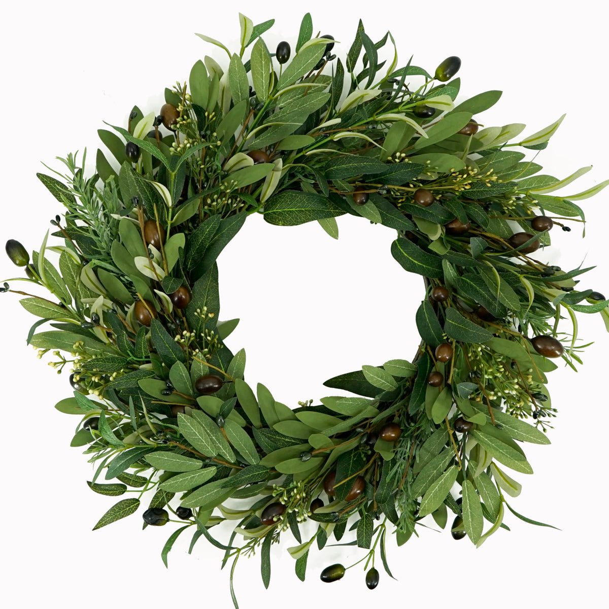 AMF0RESJ artificial olive wreath on front door highlighting welcoming curb appeal.