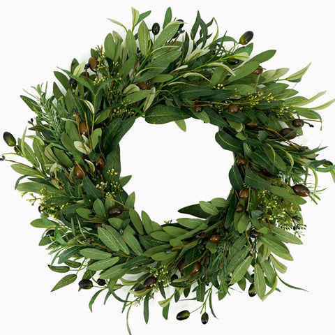 AMF0RESJ artificial olive wreath on front door highlighting welcoming curb appeal.