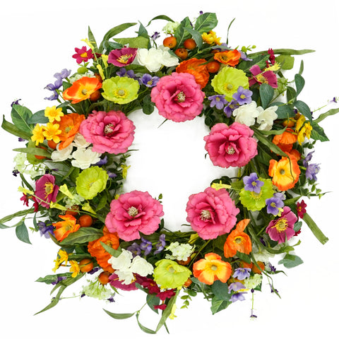 AMF0RESJ 22-inch artificial spring wreath for front door with vibrant colors and lifelike petals.