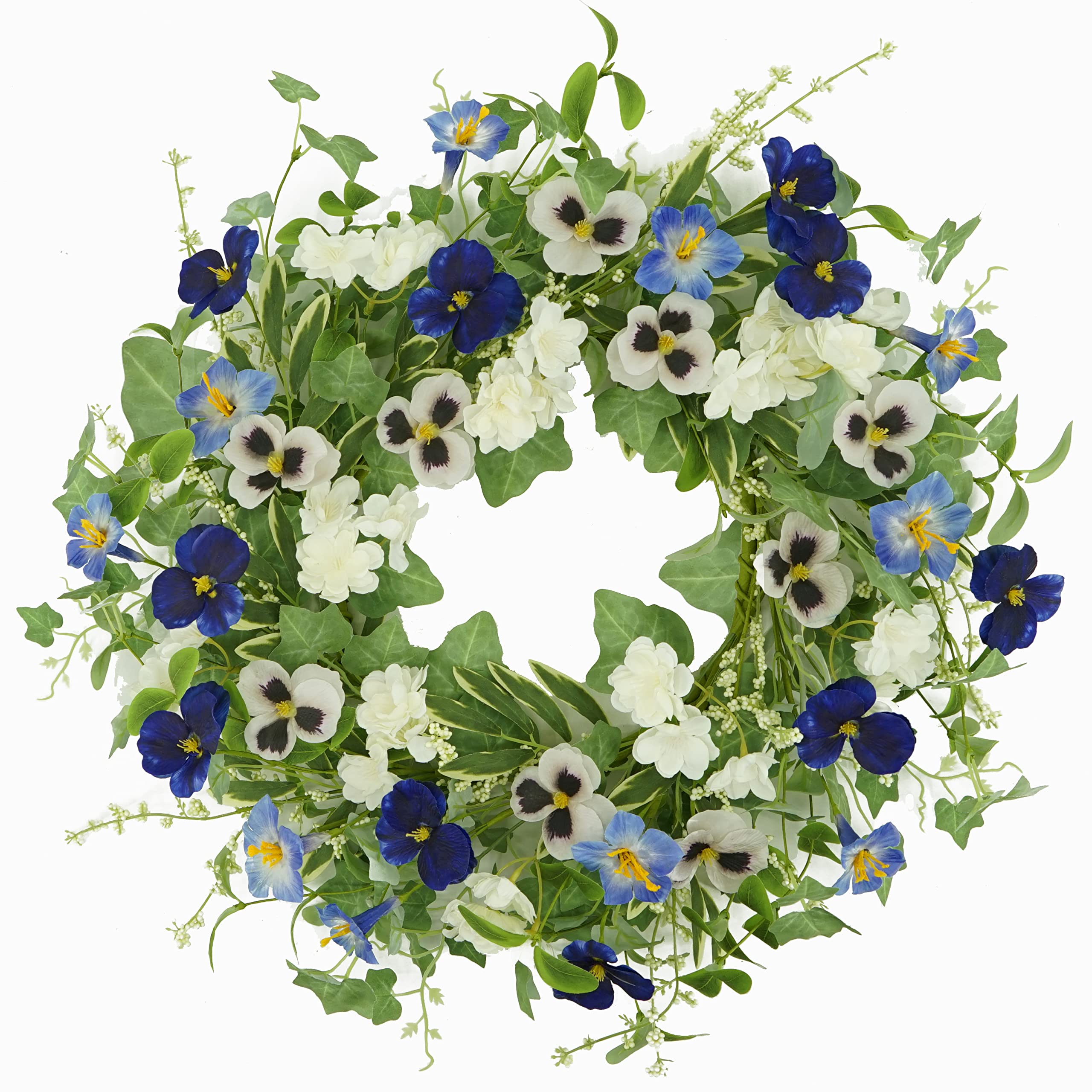 AMF0RESJ wreath on a front door with pansy blooms for a welcoming spring look.