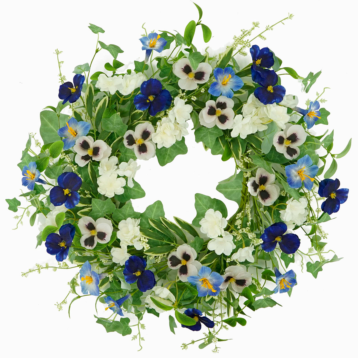 AMF0RESJ wreath on a front door with pansy blooms for a welcoming spring look.