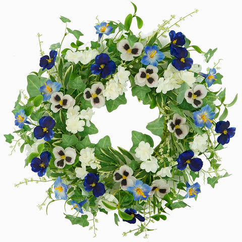 AMF0RESJ wreath on a front door with pansy blooms for a welcoming spring look.